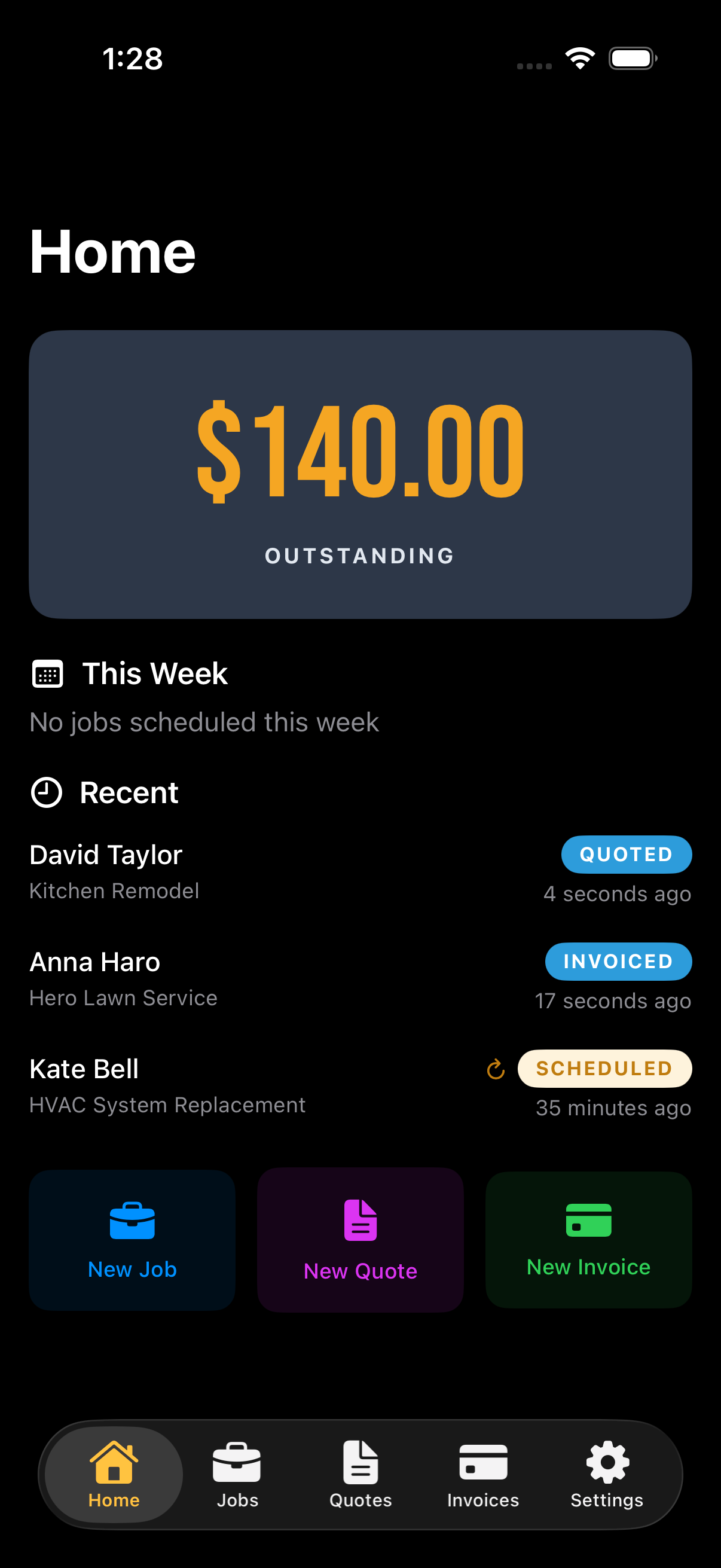 ButlerBldr home screen showing today's jobs and amount owed