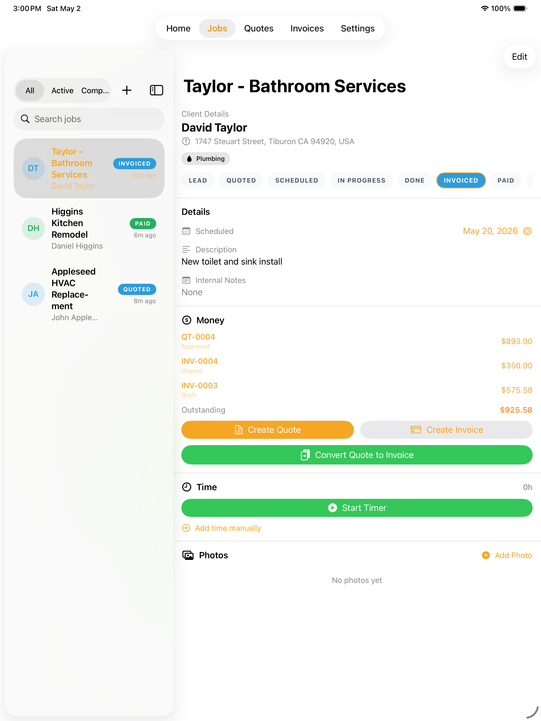 ButlerBldr on iPad showing the jobs list with collapsible navigation