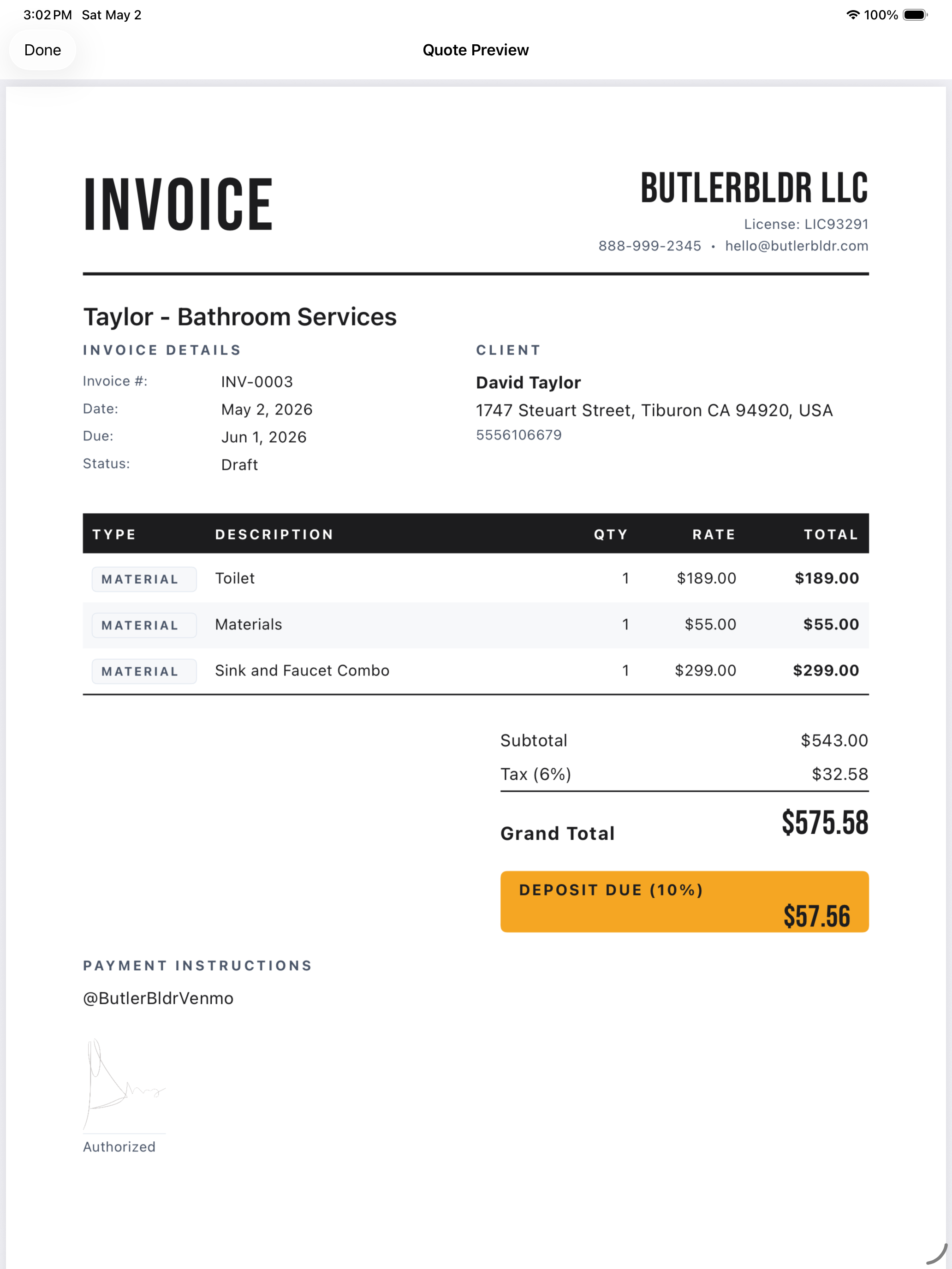 ButlerBldr PDF preview on iPad showing the branded quote document