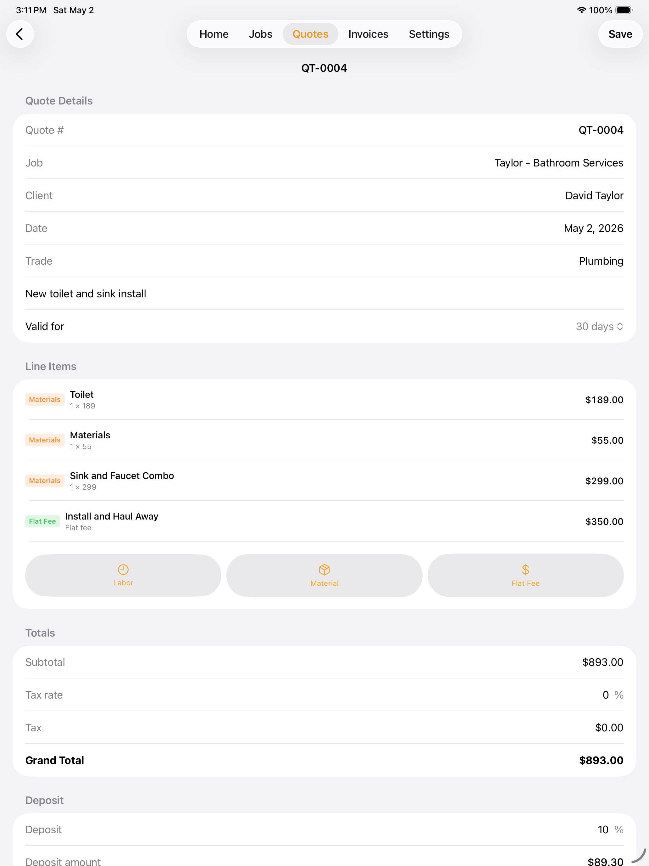 ButlerBldr quote builder on iPad with labor, materials, and flat-fee line items