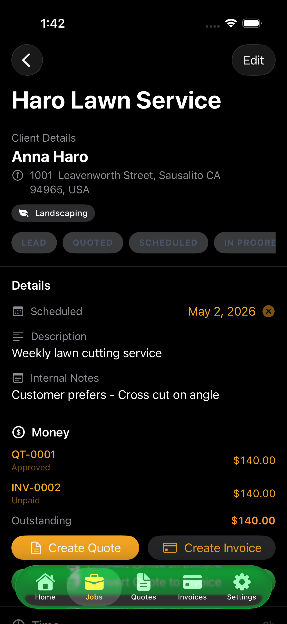 ButlerBldr job detail screen on iPhone with attached photos, time entries, and notes