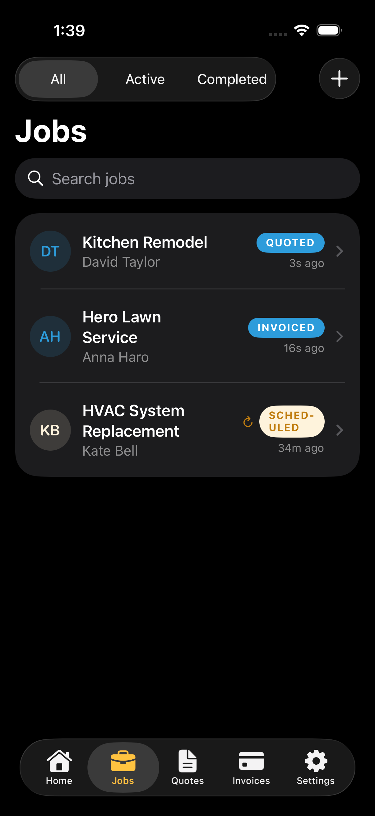 ButlerBldr jobs list on iPhone — active, scheduled, and finished jobs grouped by status