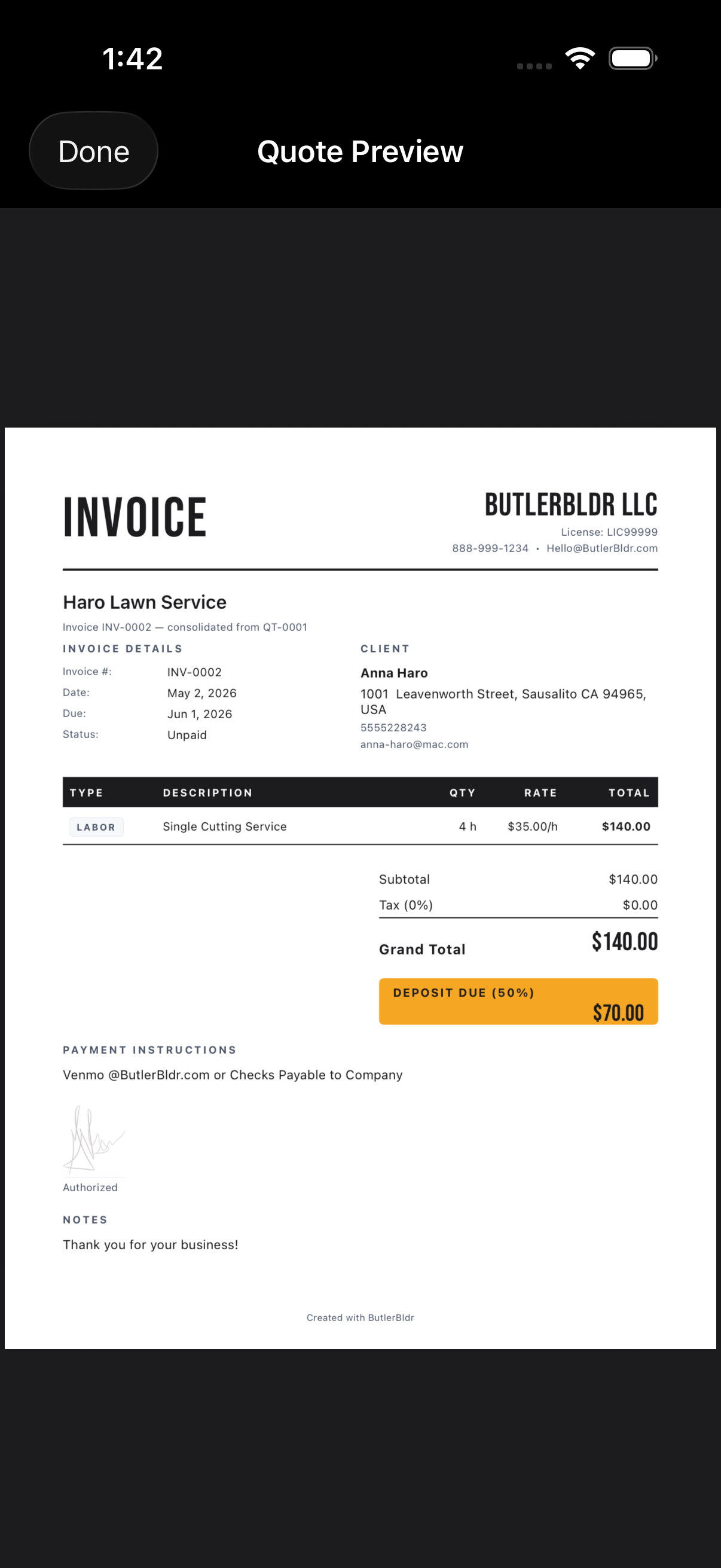 ButlerBldr PDF preview on iPhone showing the branded quote document before sending