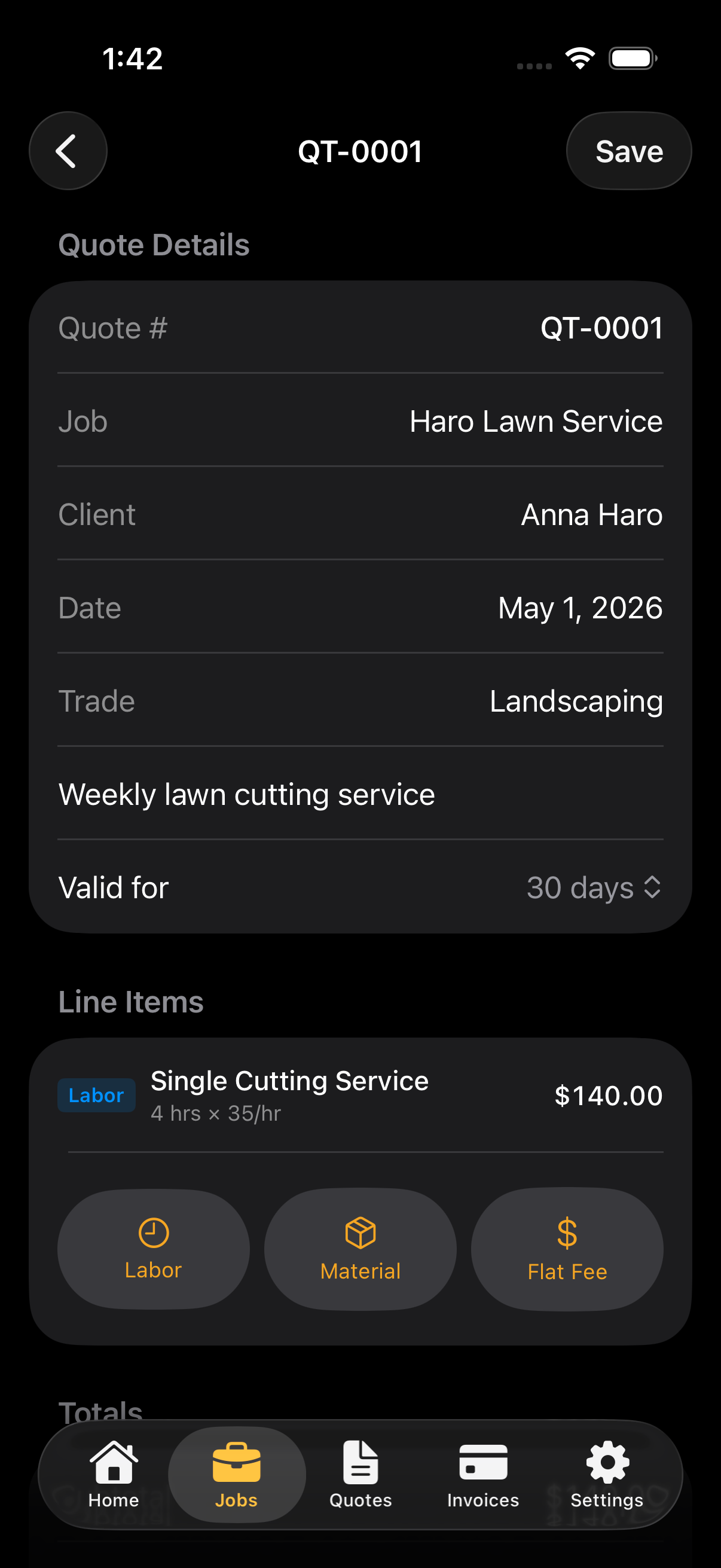 ButlerBldr quote builder on iPhone with line items for labor, materials, and flat fees
